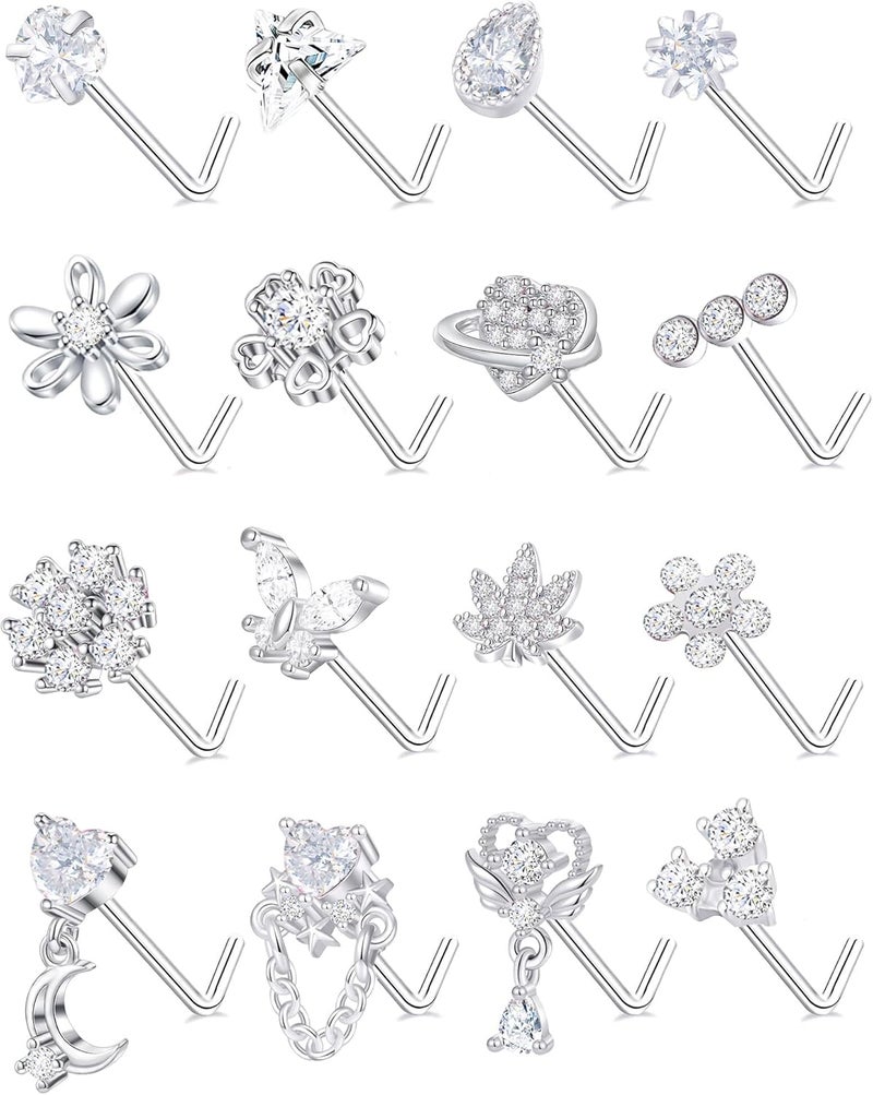 Tornito 16Pcs Nose Rings L Shaped Nose Stud Stainless Steel Butterfly Flower Leaf Heart Moon Dangle Nose Stud Ring Body Piercing Jewelry for Women Men 20G Pink Blue Clear CZ - Image 1